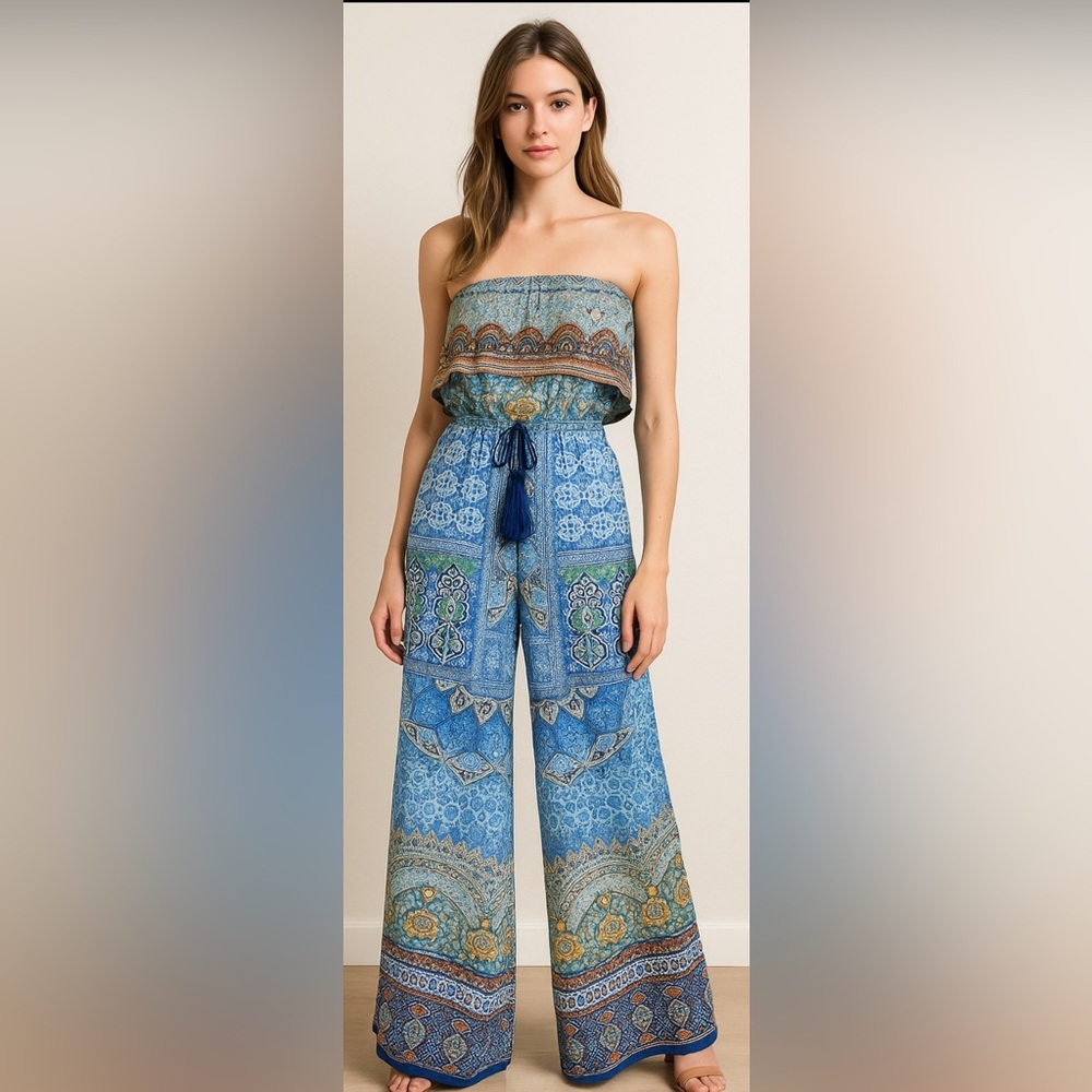 Shahida Parides silk viscose strapless jumpsuit blue green pattern bohemian‎ S/M